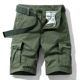 Army green RELAX six-pocket cargo shorts laid flat, front view, fly open to show the printed inner waistband, RELAX embroidery on the right cargo flap, with a green webbing belt used for styling