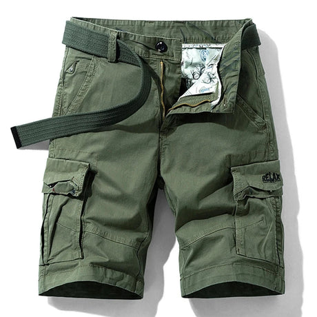 Army green RELAX six-pocket cargo shorts laid flat, front view, fly open to show the printed inner waistband, RELAX embroidery on the right cargo flap, with a green webbing belt used for styling