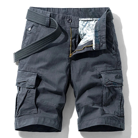 Dark grey RELAX six-pocket cargo shorts laid flat, front view, fly open to show the printed inner waistband, RELAX embroidery on the right cargo flap, with a grey webbing belt used for styling