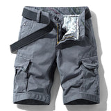Grey RELAX six-pocket cargo shorts laid flat, front view, fly open to show the printed inner waistband, RELAX embroidery on the right cargo flap, with a dark grey webbing belt used for styling