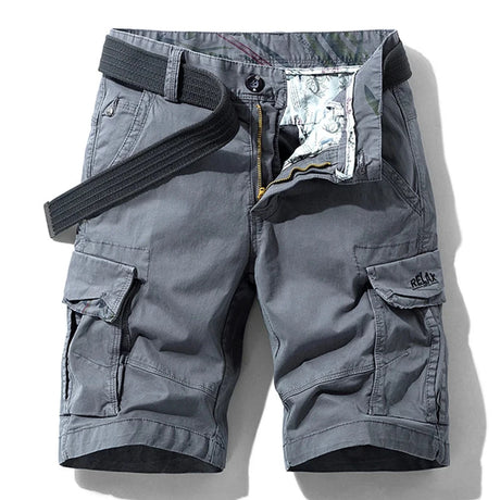 Grey RELAX six-pocket cargo shorts laid flat, front view, fly open to show the printed inner waistband, RELAX embroidery on the right cargo flap, with a dark grey webbing belt used for styling