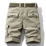 Khaki RELAX cargo shorts from the back: two flap-covered rear pockets, RELAX embroidery on the right flap, camouflage trim under the flaps, styling belt through the loops