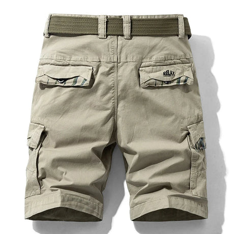 Khaki RELAX cargo shorts from the back: two flap-covered rear pockets, RELAX embroidery on the right flap, camouflage trim under the flaps, styling belt through the loops