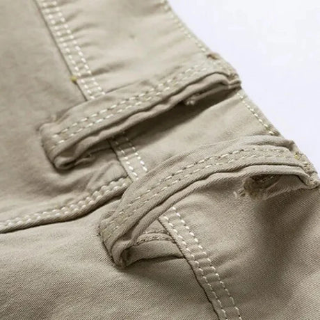 Close-up of the double-stitched belt loops on the khaki RELAX shorts