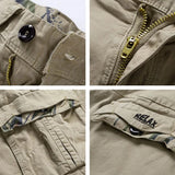 Four close-ups of the khaki RELAX shorts: dark four-hole waistband button, brass zip with the pull stamped VEK, cargo pocket flap with camouflage lining, and the RELAX embroidered flap