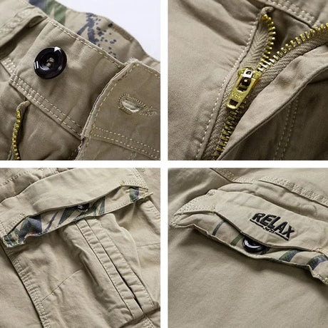 Four close-ups of the khaki RELAX shorts: dark four-hole waistband button, brass zip with the pull stamped VEK, cargo pocket flap with camouflage lining, and the RELAX embroidered flap