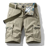 Khaki RELAX six-pocket cargo shorts laid flat, front view, fly open to show the printed inner waistband, with an olive webbing belt used for styling