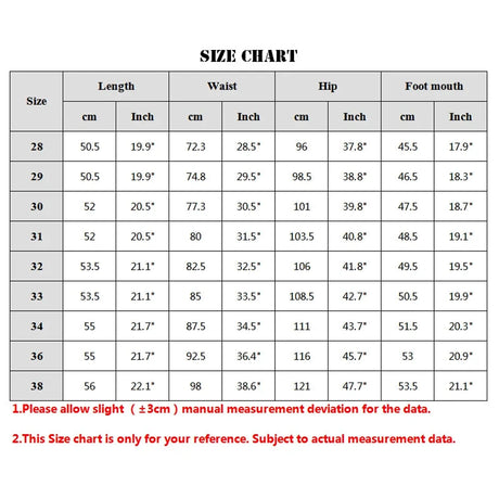 Supplier size chart for sizes 28 to 38 with length, waist, hip and leg opening in centimetres and inches, and a note allowing 3 cm of manual measurement deviation