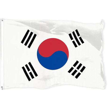 South Korean flag in printed polyester: red and blue circle with black bars; white header strip with metal eyelets at left