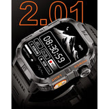 Close-up of the 2.01 in square screen with a digital watch face, orange torch button and crown