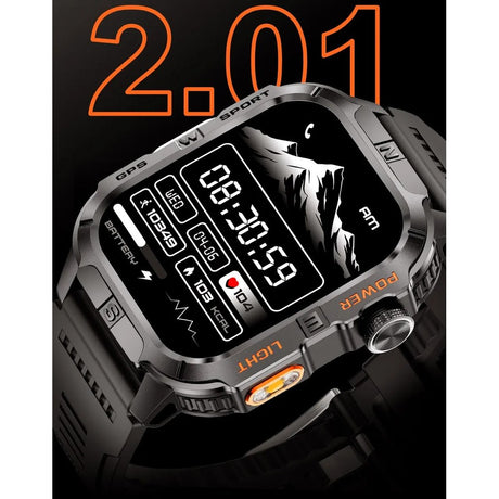 Close-up of the 2.01 in square screen with a digital watch face, orange torch button and crown