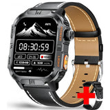 Square GPS smartwatch, black case with orange trim on a black leather strap, spare silicone strap shown