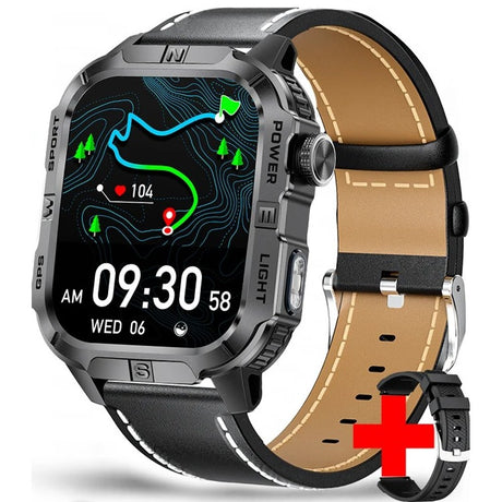 Square GPS smartwatch, black case with dark grey lettering on a black leather strap, spare black silicone strap shown