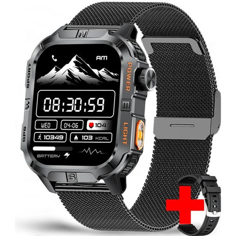 Square GPS smartwatch, black case with orange trim on a black mesh strap, spare silicone strap shown