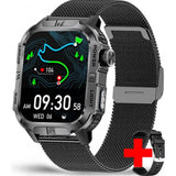 Square GPS smartwatch, black case with dark grey lettering on a black mesh strap, spare black silicone strap shown