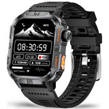 Square GPS smartwatch, black case with orange lettering and torch surround, black silicone strap