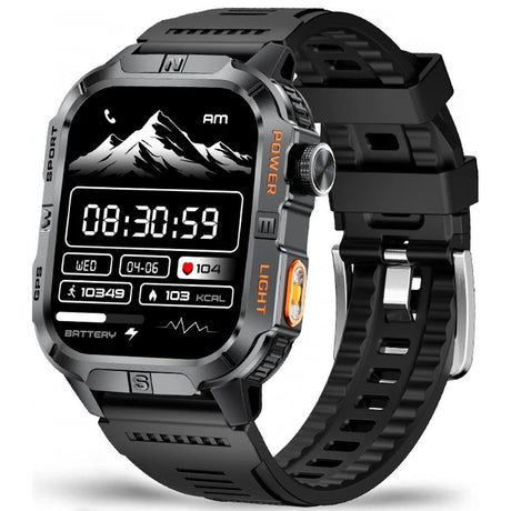Square GPS smartwatch, black case with orange lettering and torch surround, black silicone strap