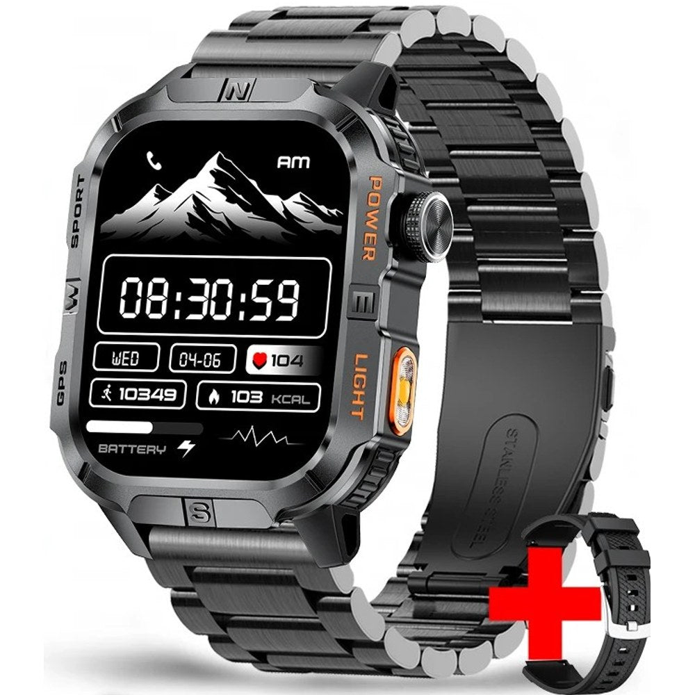 Square GPS smartwatch, black case with orange trim on a black steel link strap, spare silicone strap shown