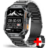 Square GPS smartwatch, black case with orange trim on a black steel link strap, spare silicone strap shown