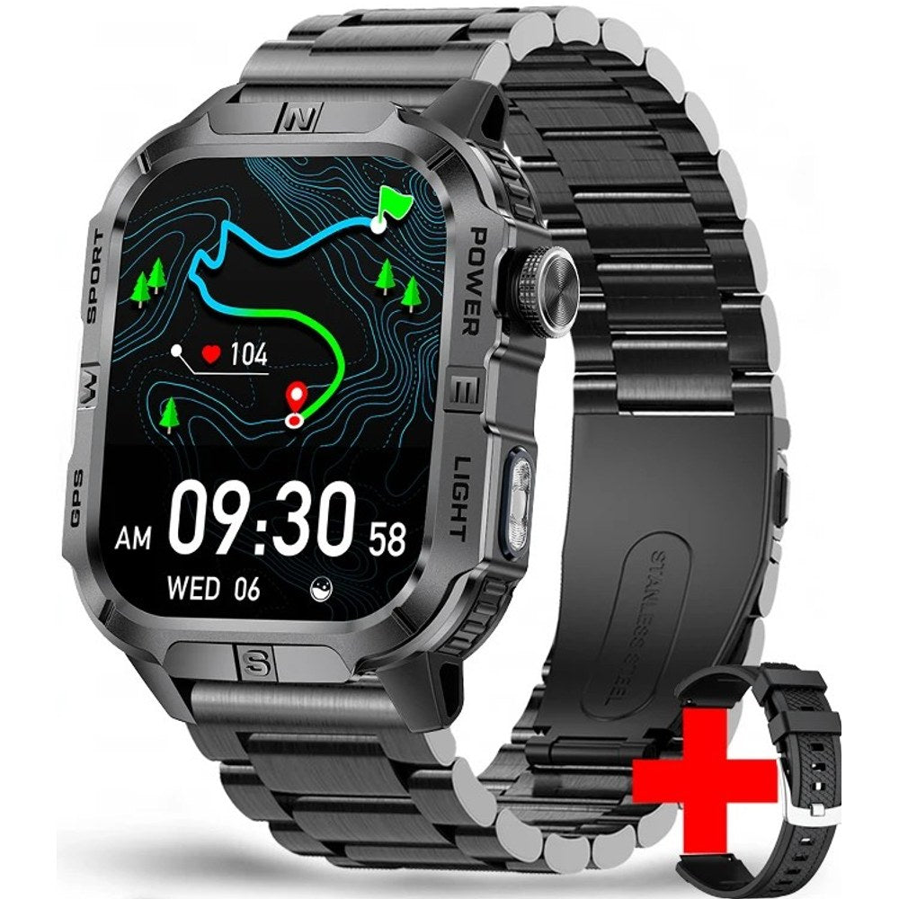Square GPS smartwatch, black case with dark grey lettering on a black steel link strap, spare silicone strap shown