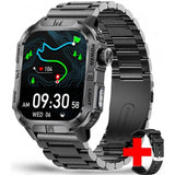 Square GPS smartwatch, black case with dark grey lettering on a black steel link strap, spare silicone strap shown