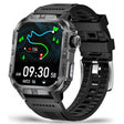 Square GPS smartwatch, black case with dark grey lettering and a black silicone strap