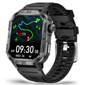 Square GPS smartwatch, black case with dark grey lettering and a black silicone strap