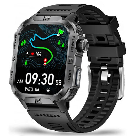 Square GPS smartwatch, black case with dark grey lettering and a black silicone strap