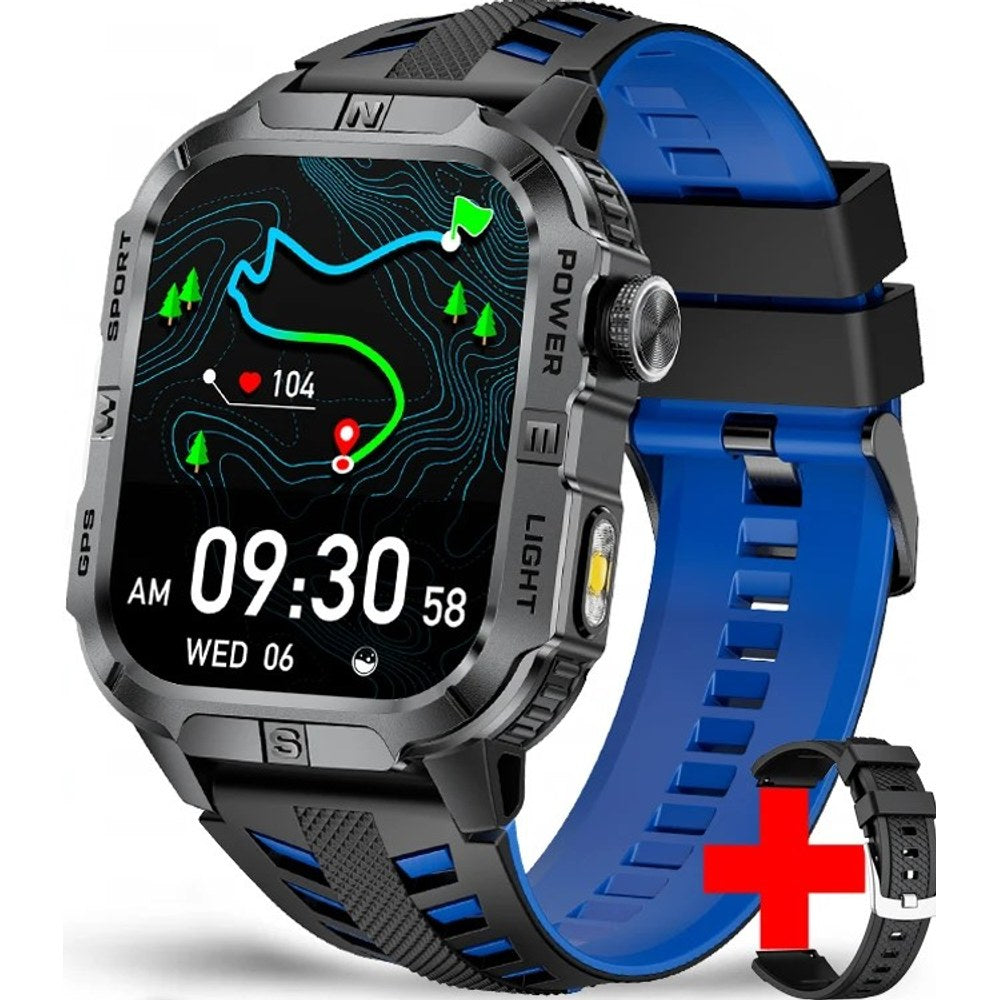 Square GPS smartwatch, black case with dark grey lettering on a blue and black two-tone silicone strap, spare strap shown