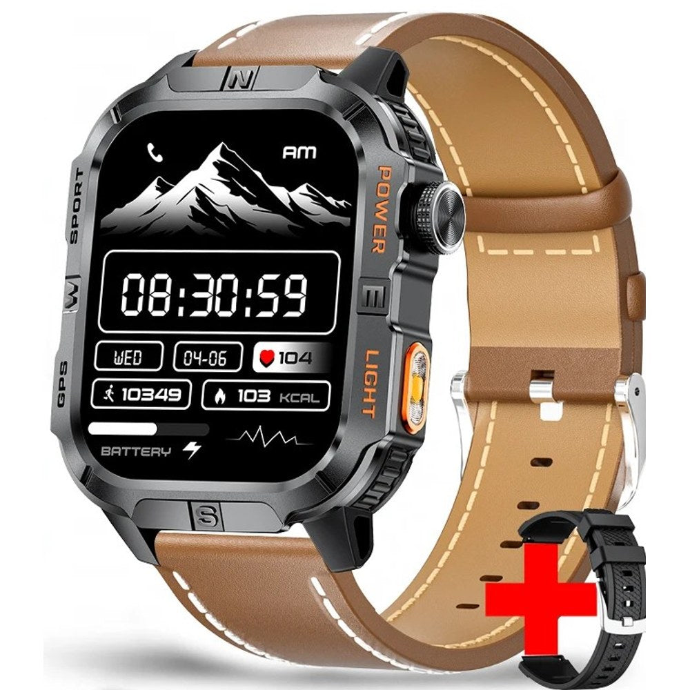 Square GPS smartwatch, black case with orange trim on a brown leather strap, spare silicone strap shown