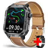 Square GPS smartwatch, black case with dark grey lettering on a brown leather strap, spare black silicone strap shown