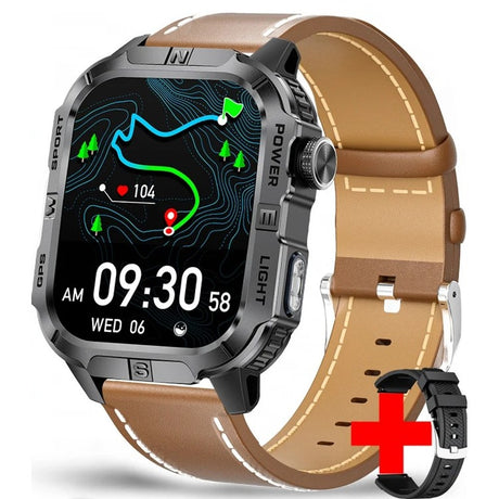 Square GPS smartwatch, black case with dark grey lettering on a brown leather strap, spare black silicone strap shown