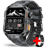 Square GPS smartwatch, black case with orange trim on a grey camouflage silicone strap, spare strap shown