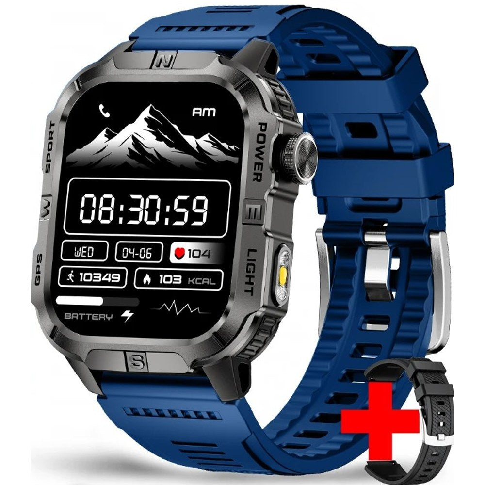 Square GPS smartwatch, black case with dark grey lettering on a navy blue silicone strap, spare strap shown