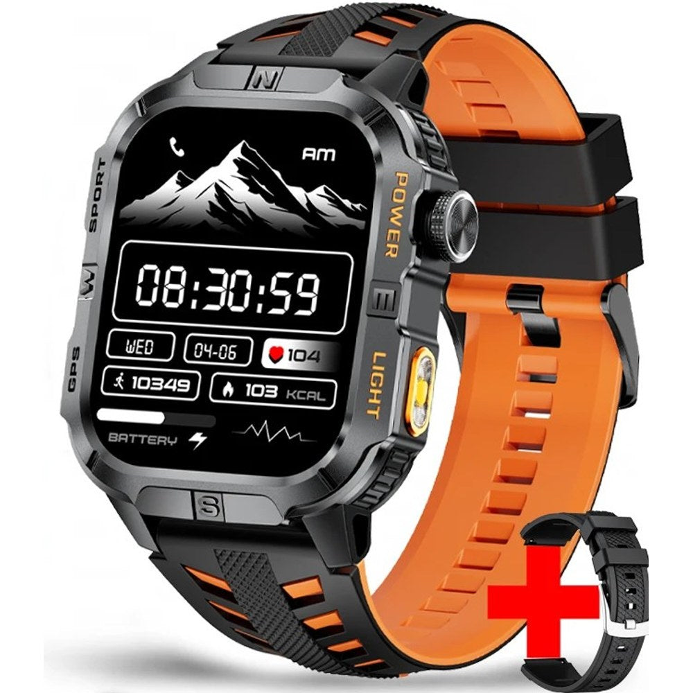 Square GPS smartwatch, black case with orange trim on an orange and black two-tone silicone strap, spare strap shown