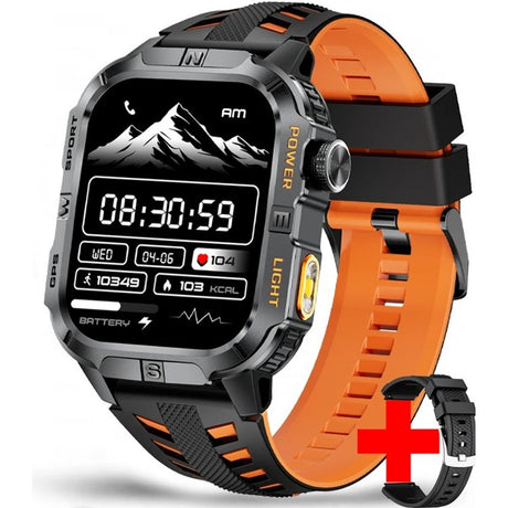 Square GPS smartwatch, black case with orange trim on an orange and black two-tone silicone strap, spare strap shown