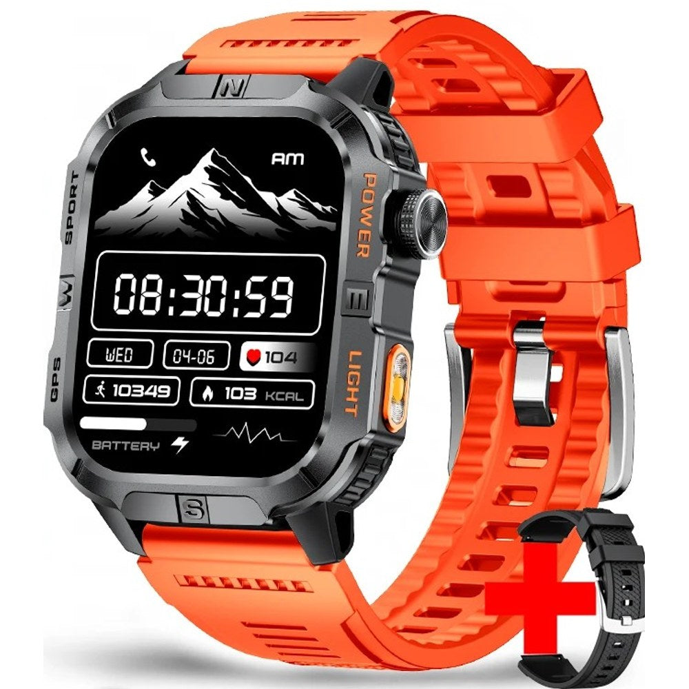 Square GPS smartwatch, black case with orange trim on an orange silicone strap, spare black strap shown