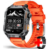 Square GPS smartwatch, black case with orange trim on an orange silicone strap, spare black strap shown
