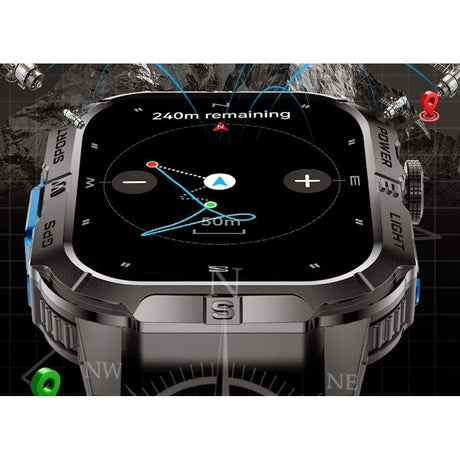 Route-return screen on the watch showing a track back to the start with 240 m remaining