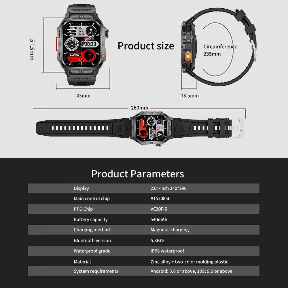 Drawing of the square watch: 45 x 51.5 x 13.5 mm case, 260 mm band, and the seller's parameter table