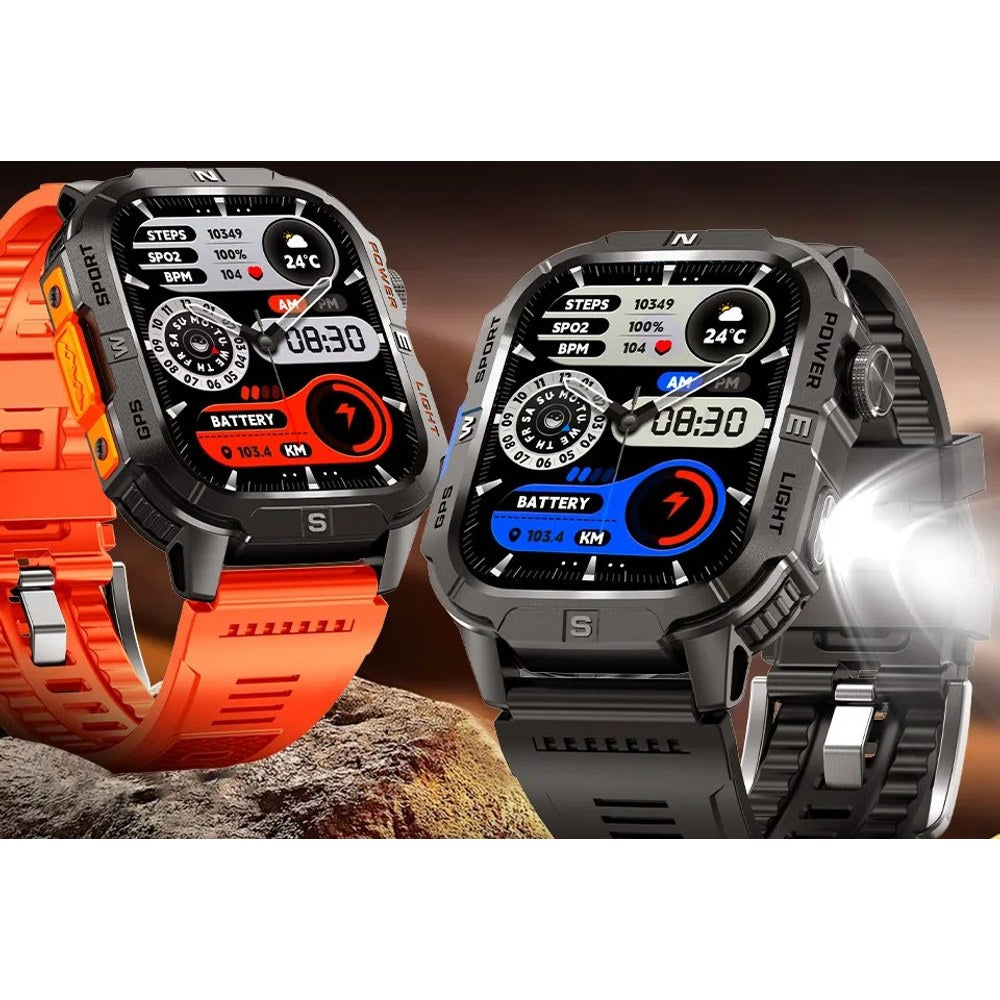 Two of the square watches on a rock, orange and black straps, the LED torch on the side lit