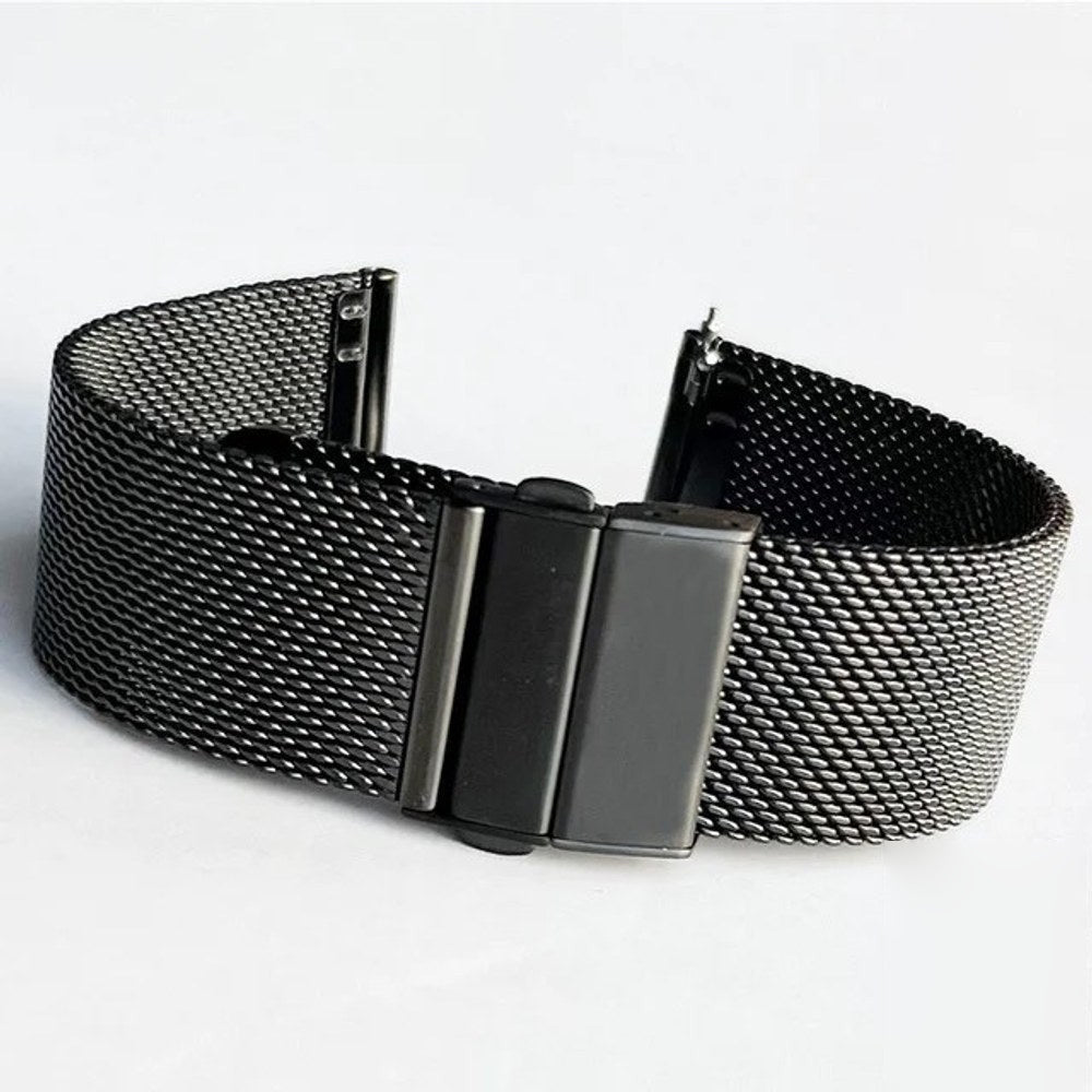 Black Milanese mesh watch band with a black folding clasp, shown with the spring-bar tool and pins