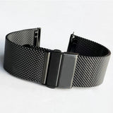 Black Milanese mesh watch band with a black folding clasp, shown with the spring-bar tool and pins