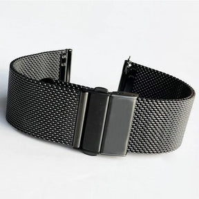 Black Milanese mesh watch band with a black folding clasp, shown with the spring-bar tool and pins
