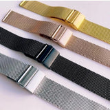 The four mesh band colours laid side by side: gold, rose gold, black and silver