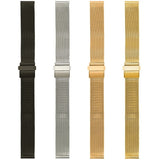 Four mesh bands hanging full length in black, silver, rose gold and gold