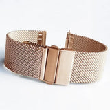 Rose-gold-coloured Milanese mesh watch band with a matching folding clasp