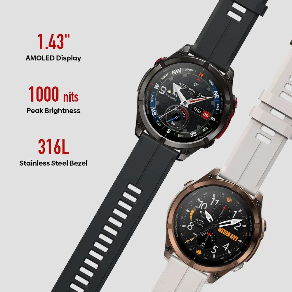 Black and Bronze Stratos 4 Pro with the maker's labels: 1.43 in AMOLED, 1000 nits peak, 316L stainless steel bezel