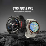 Stratos 4 Pro in Black and Bronze side by side on a rock, the Bronze showing a downloaded map on screen