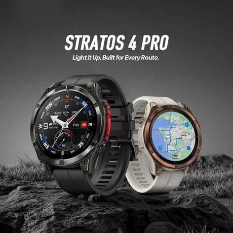 Stratos 4 Pro in Black and Bronze side by side on a rock, the Bronze showing a downloaded map on screen